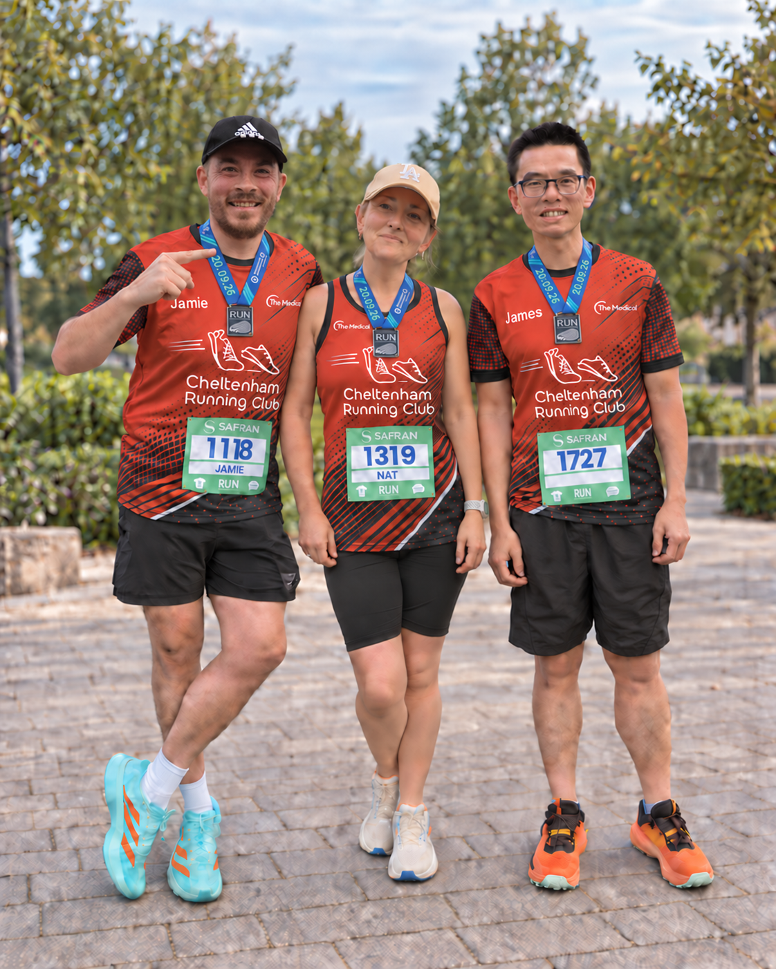 Jamie, Natalie and James together in Cheltenham Running Club race kit after RunCheltenham